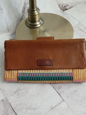 Fossil Brown Leather Wallet with Teal, Pink & Mustard Stripes